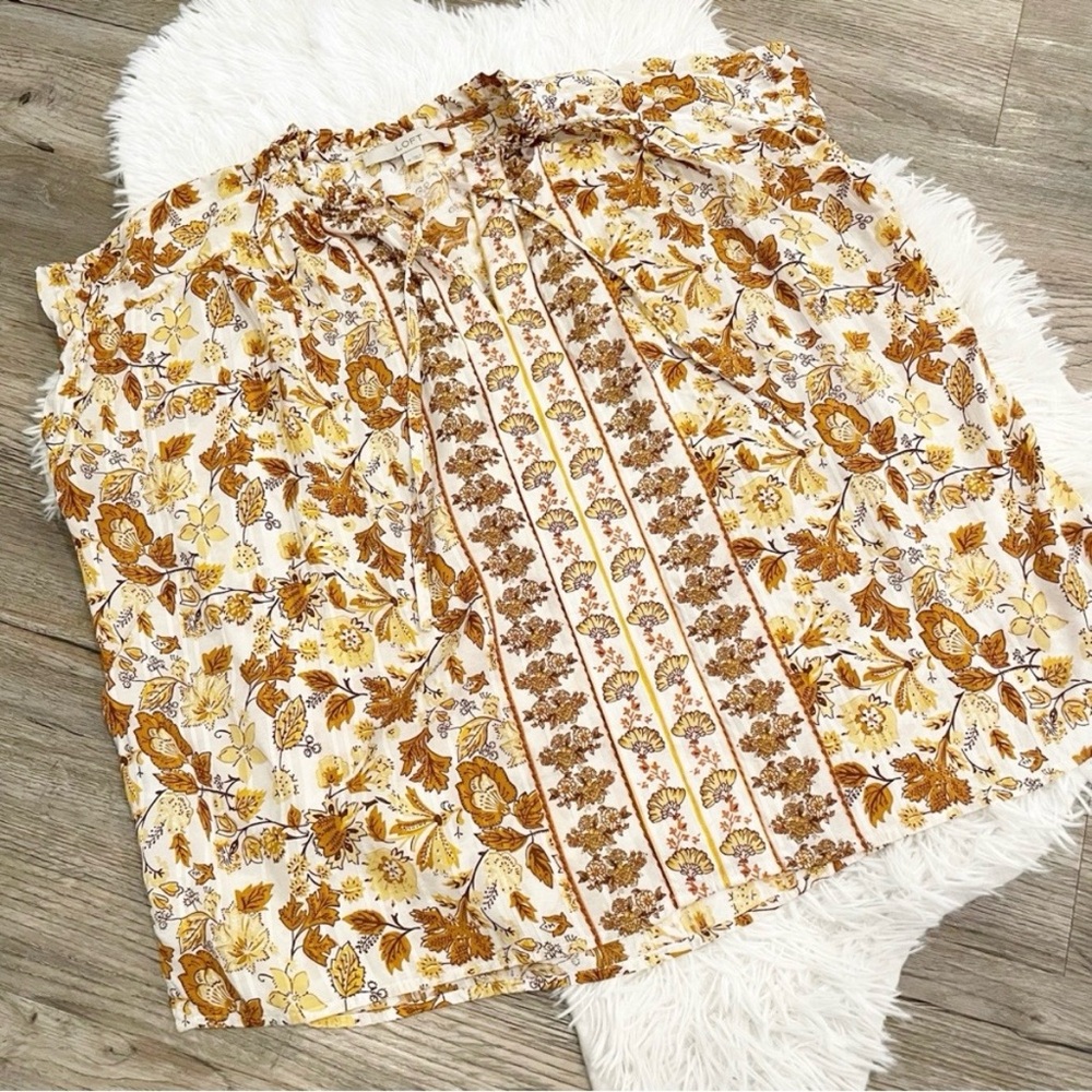 LOFT Autumn Leaf Block Print Blouse Top Viscose Fall Casual Teacher Outfit